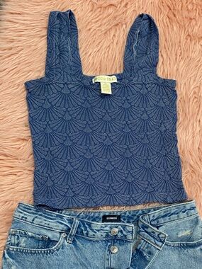 Cute Blue Patterned Crop Tank Top by Coco & Shay